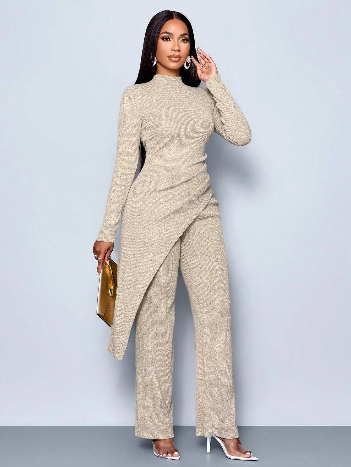 Women's Autumn/Winter Elegant Asymmetric High-neck T-shirt and Pants Set