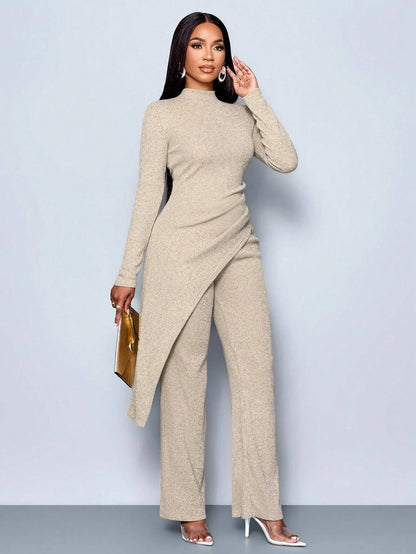 Women's Autumn/Winter Elegant Asymmetric High-neck T-shirt and Pants Set