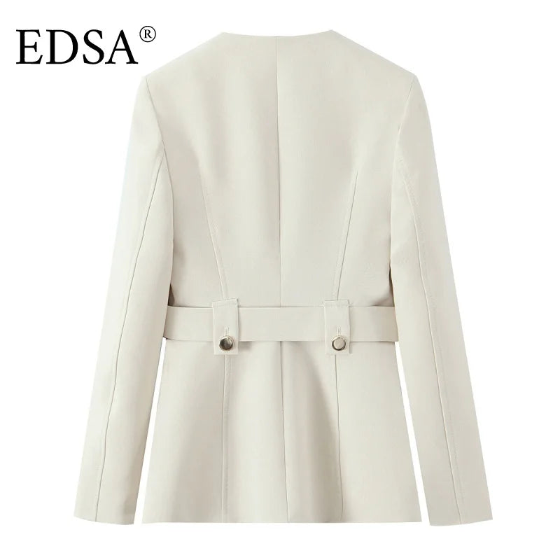 EDSA Women Beige Pants Set O-Neck Blazer Jacket