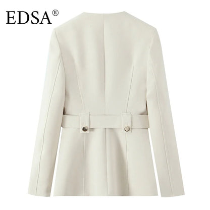 EDSA Women Beige Pants Set O-Neck Blazer Jacket