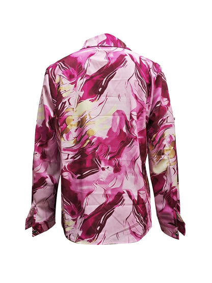 Women Print V-Neck Button Long Sleeve Shirt