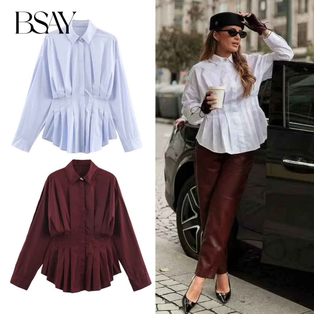 BSAY white Pleated waist Poplin Shirt