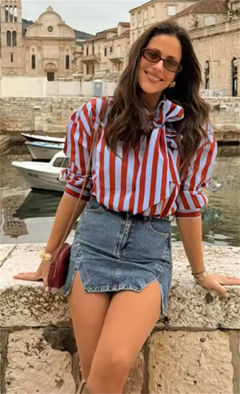 Women New Female Chic Blouse Women's Loose Fit Striped Shirt