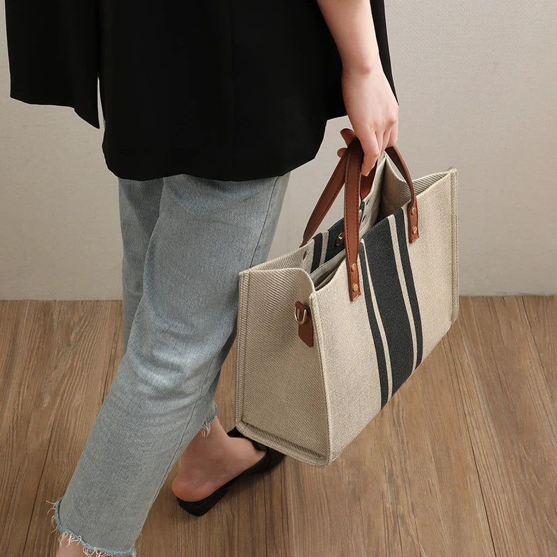 Simple Canvas Stripe Decor Bucket Handbags