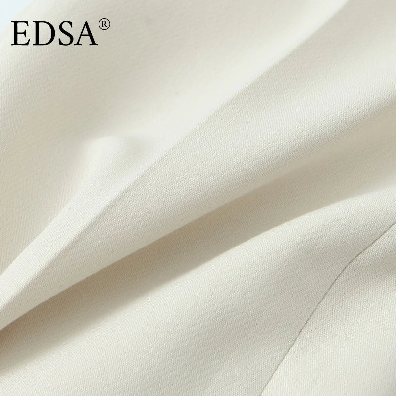EDSA Women Beige Pants Set O-Neck Blazer Jacket