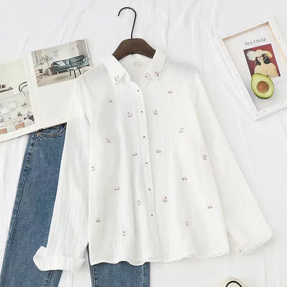 Spring Autumn New Fresh Cotton Yarn Ladies Long Sleeve Shirt