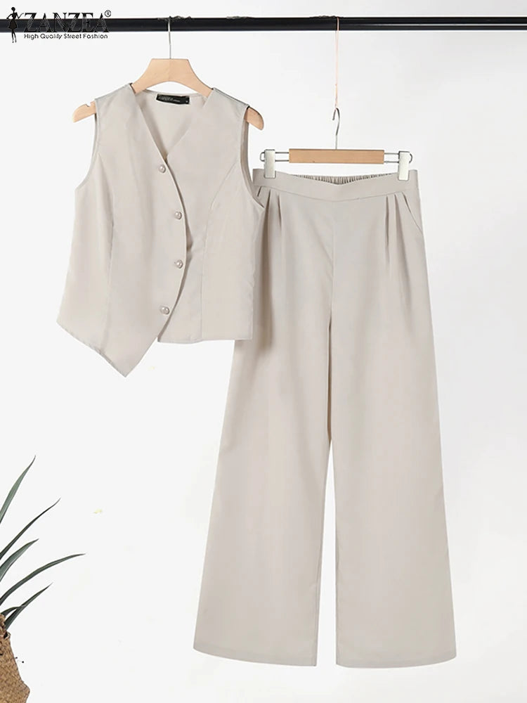 ZANZEA Elegant Summer Sleeveless Tops Wide Leg Trousers 2 Piece Sets