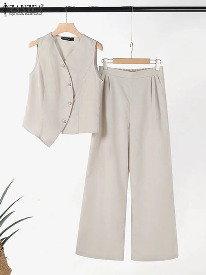 ZANZEA Elegant Summer Sleeveless Tops Wide Leg Trousers 2 Piece Sets
