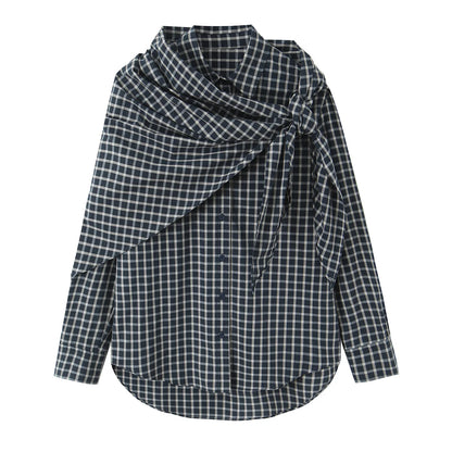 Plaid Irregular Patchwork Bow Shirts