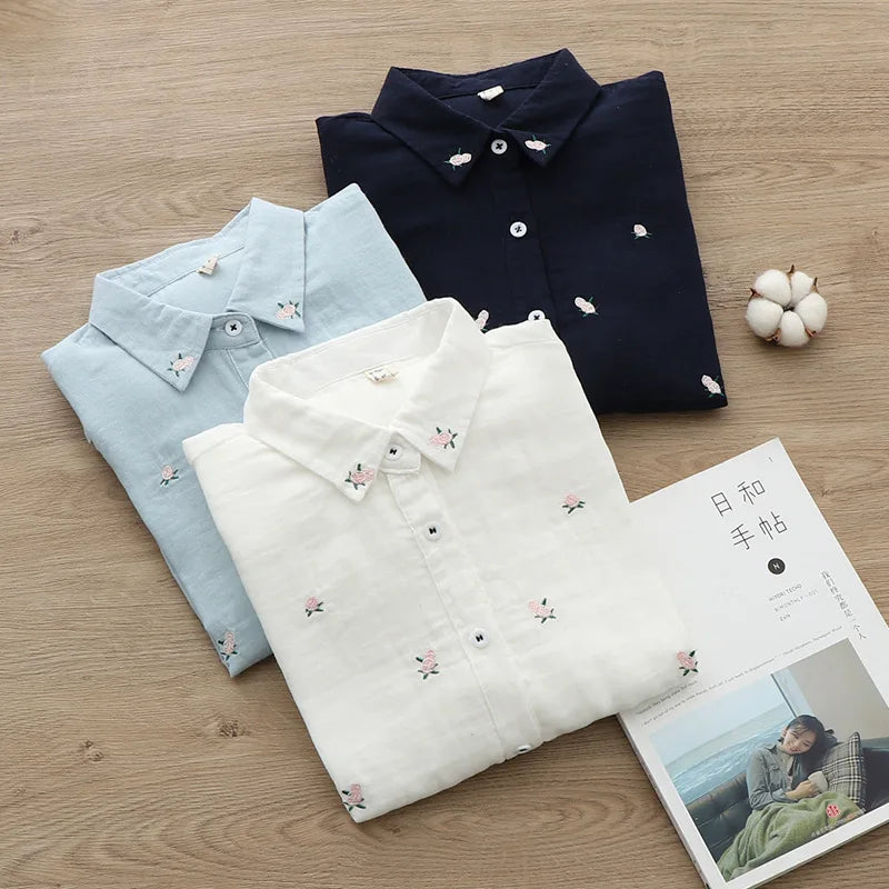 Spring Autumn New Fresh Cotton Yarn Ladies Long Sleeve Shirt