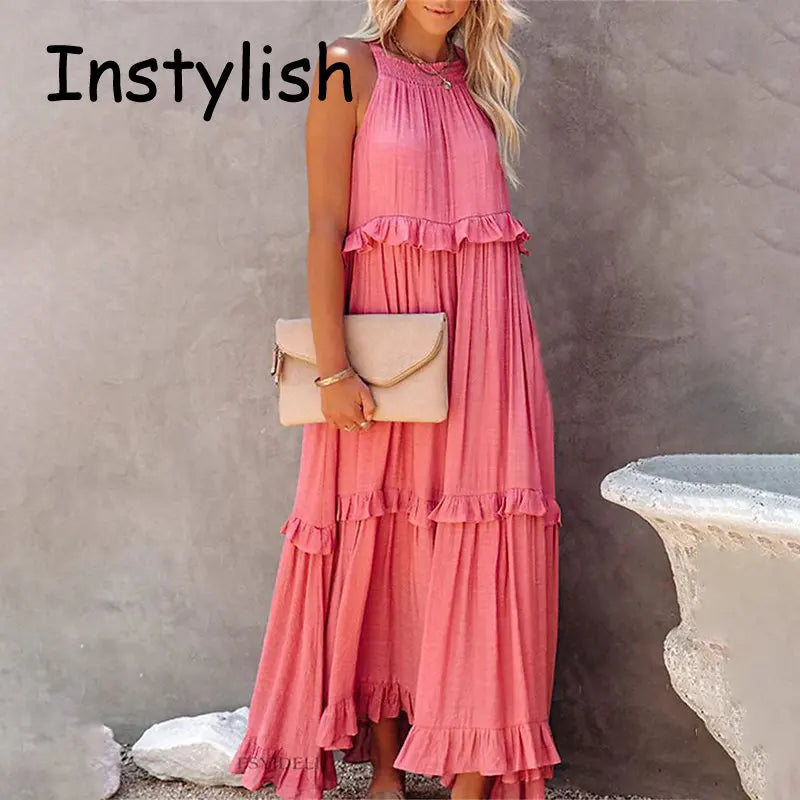 Women Casual Solid Ruffles Long Dress