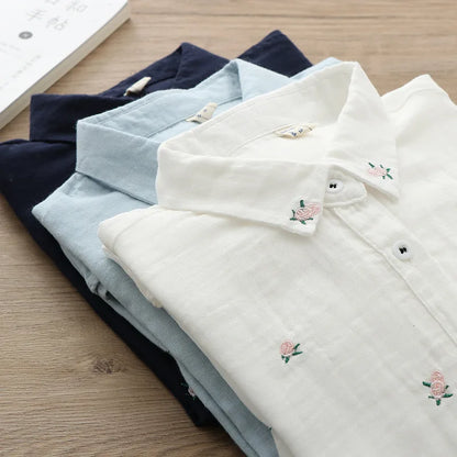 Spring Autumn New Fresh Cotton Yarn Ladies Long Sleeve Shirt