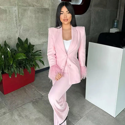 HXAO Woman 2026 Pink Feather Pant Sets