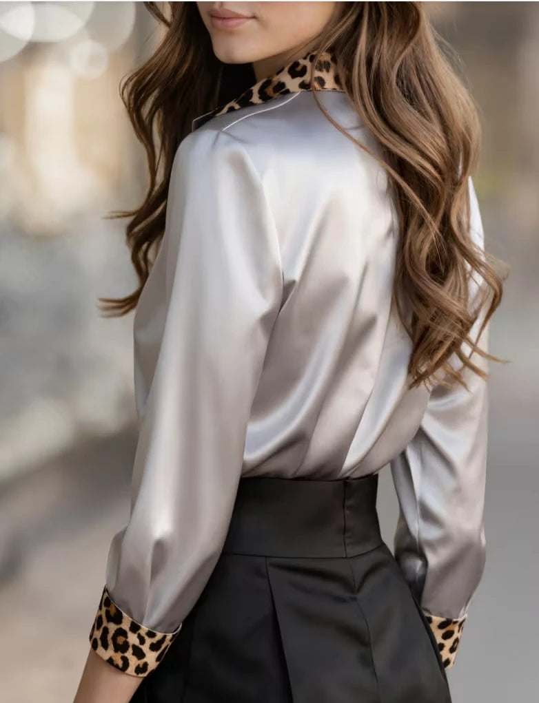 Elegant Long Sleeve Button Down Shirt with Leopard Print Collar, Cuffs & Placket, Loose Fit Blouse Tops