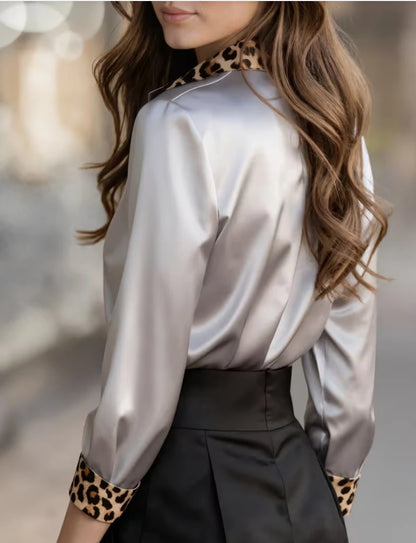 Elegant Long Sleeve Button Down Shirt with Leopard Print Collar, Cuffs & Placket, Loose Fit Blouse Tops
