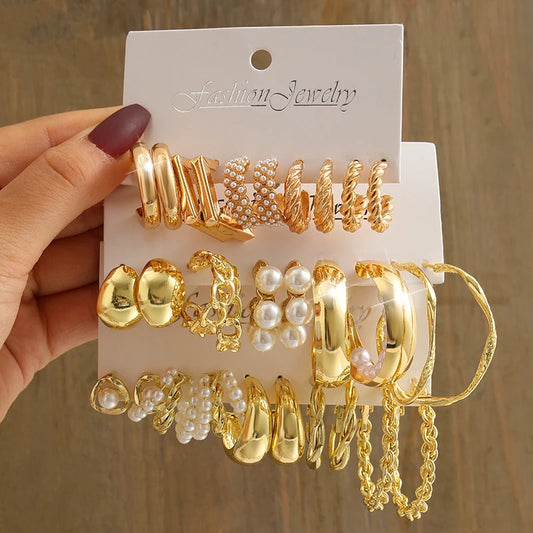 Gold Color Vintage Geometry Pearl Earrings