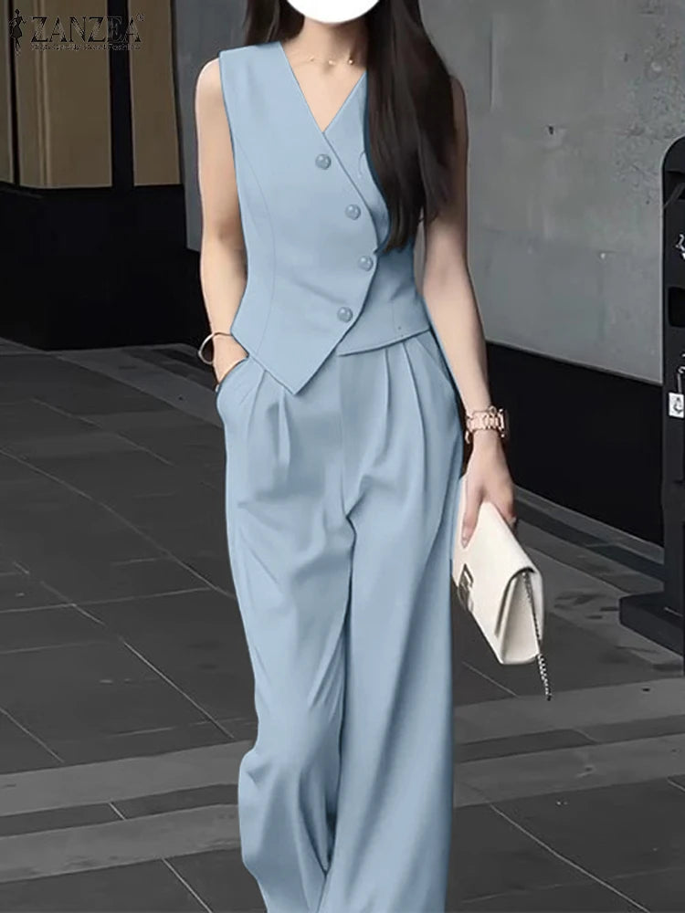 ZANZEA Elegant Summer Sleeveless Tops Wide Leg Trousers 2 Piece Sets