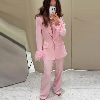 HXAO Woman 2026 Pink Feather Pant Sets