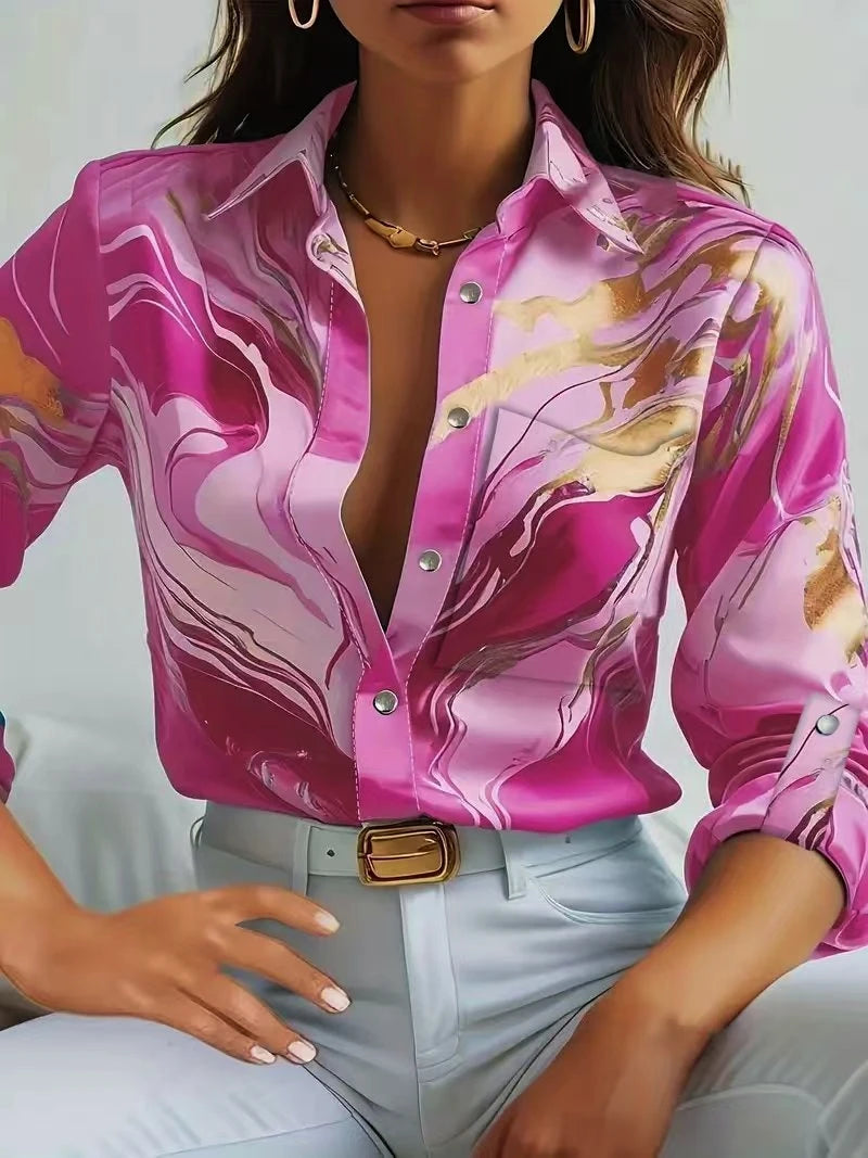 Women Print V-Neck Button Long Sleeve Shirt