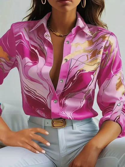 Women Print V-Neck Button Long Sleeve Shirt
