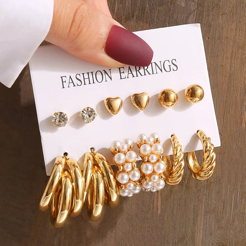 Gold Color Vintage Geometry Pearl Earrings