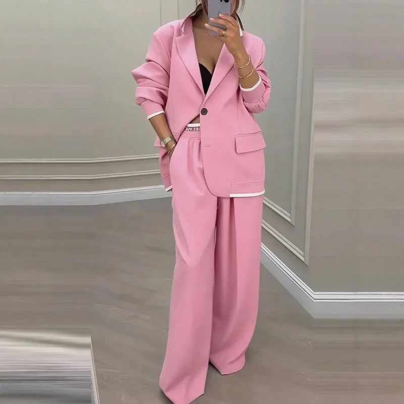 Chic Solid Color Suit Long Pants Set