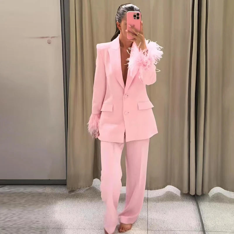 HXAO Woman 2026 Pink Feather Pant Sets