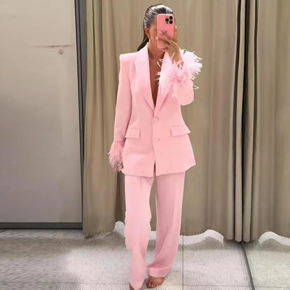 HXAO Woman 2026 Pink Feather Pant Sets