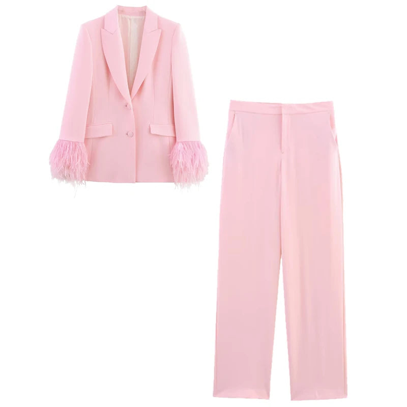 HXAO Woman 2026 Pink Feather Pant Sets
