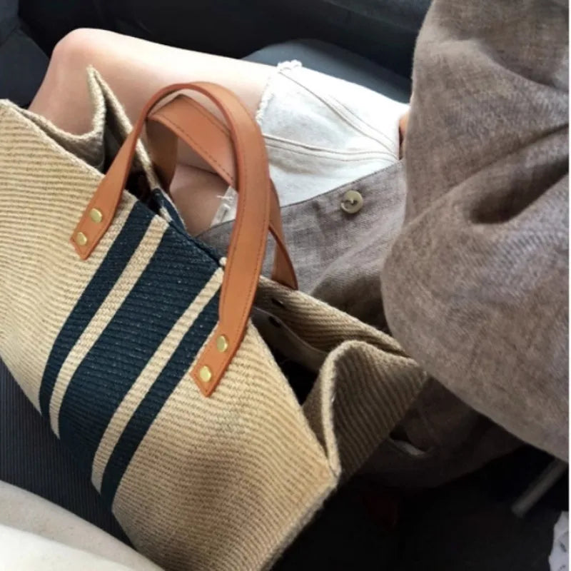 Simple Canvas Stripe Decor Bucket Handbags