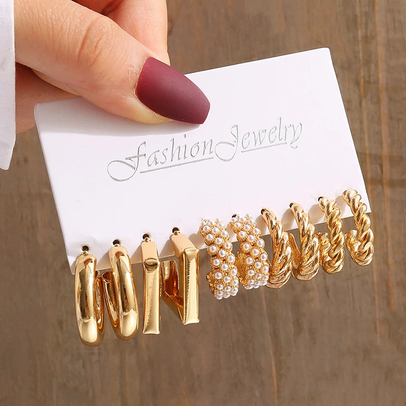 Gold Color Vintage Geometry Pearl Earrings