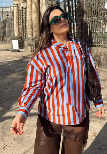 Women New Female Chic Blouse Women's Loose Fit Striped Shirt