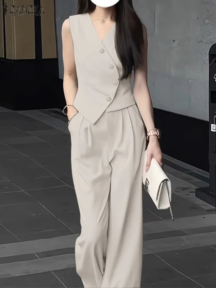 ZANZEA Elegant Summer Sleeveless Tops Wide Leg Trousers 2 Piece Sets