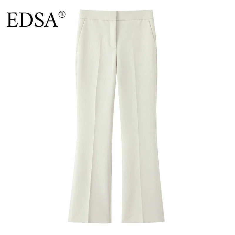 EDSA Women Beige Pants Set O-Neck Blazer Jacket