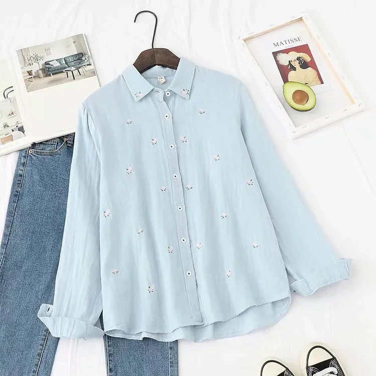 Spring Autumn New Fresh Cotton Yarn Ladies Long Sleeve Shirt