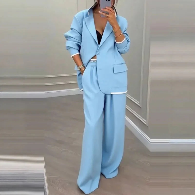 Chic Solid Color Suit Long Pants Set