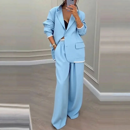 Chic Solid Color Suit Long Pants Set