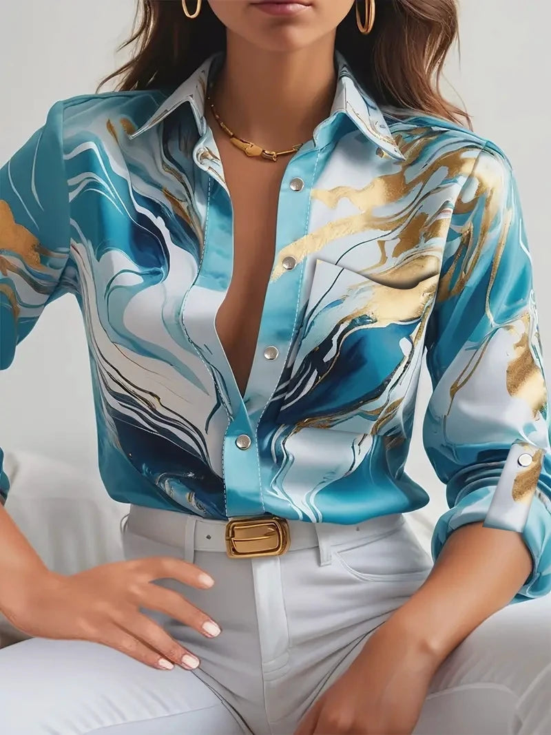 Women Print V-Neck Button Long Sleeve Shirt