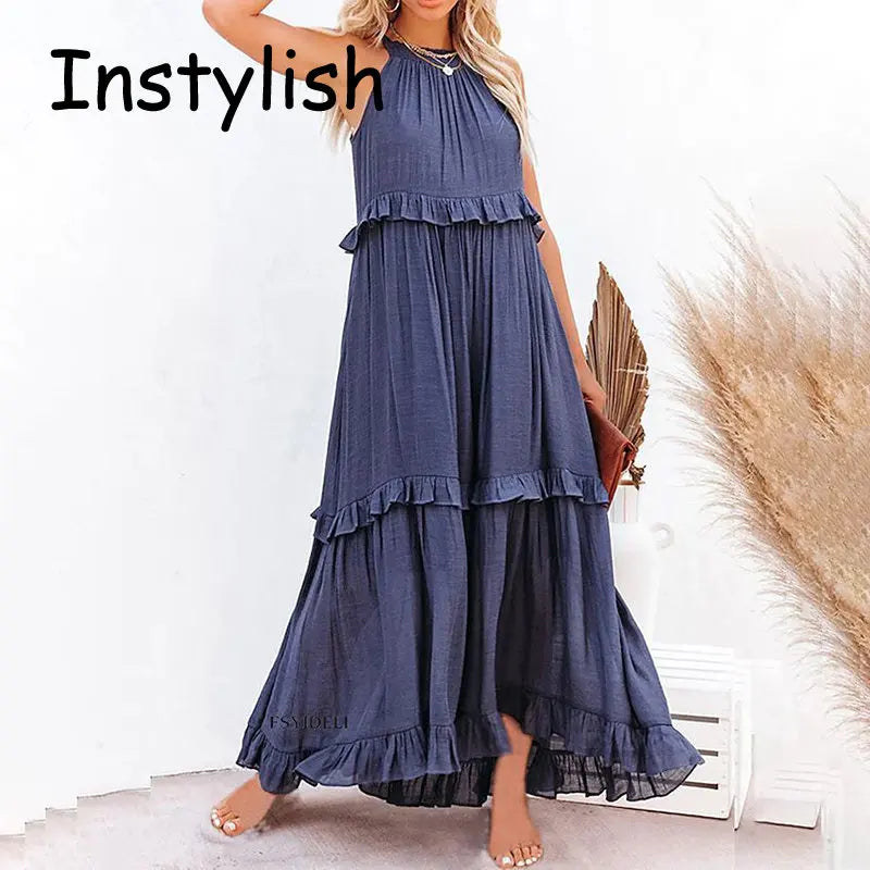 Women Casual Solid Ruffles Long Dress