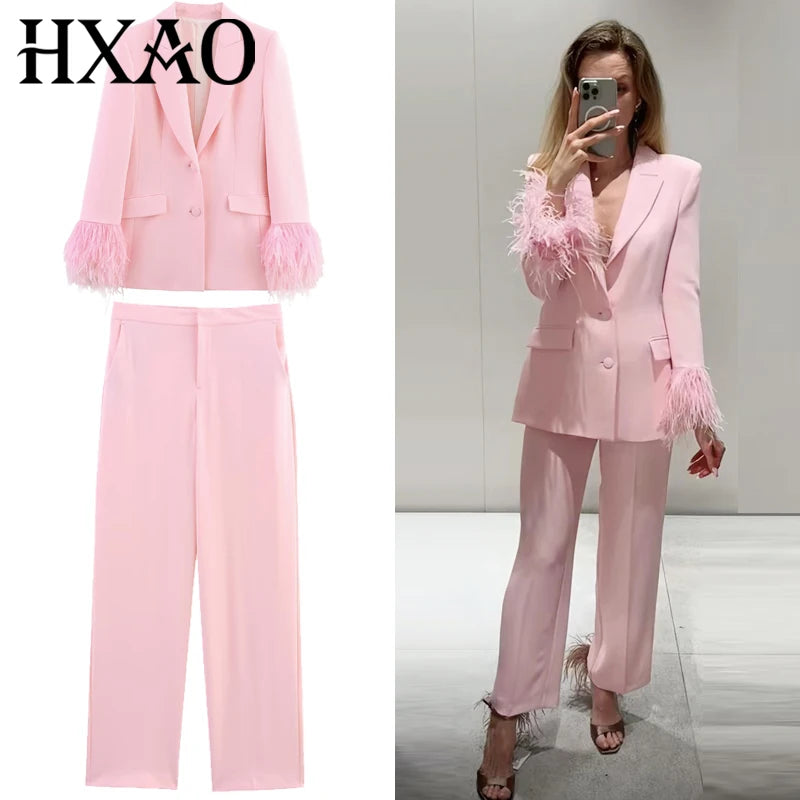 HXAO Woman 2026 Pink Feather Pant Sets