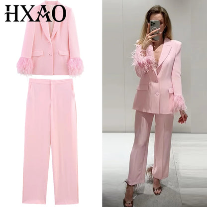 HXAO Woman 2026 Pink Feather Pant Sets