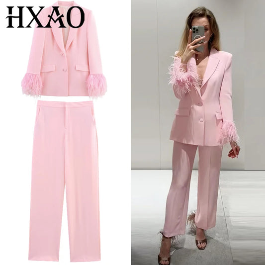 HXAO Woman 2026 Pink Feather Pant Sets