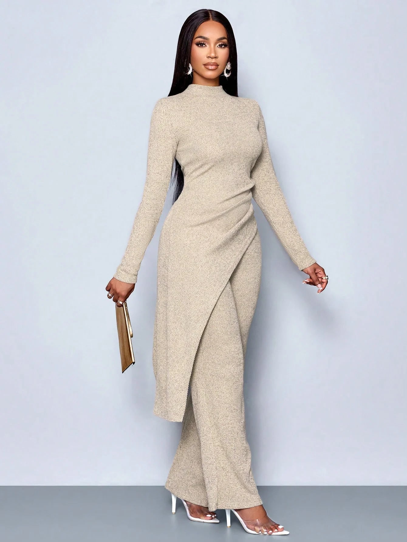 Women's Autumn/Winter Elegant Asymmetric High-neck T-shirt and Pants Set