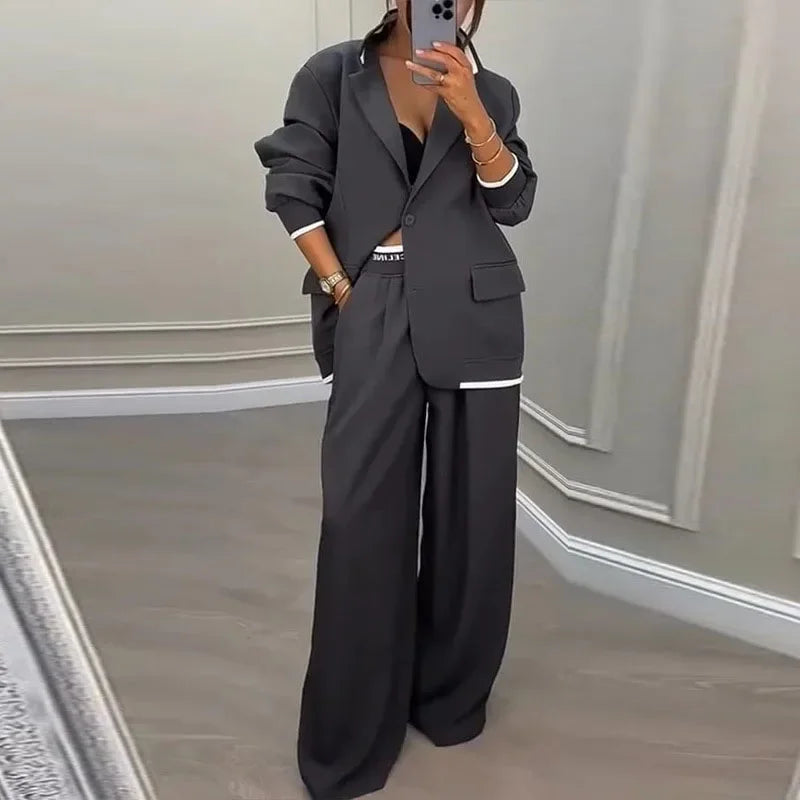 Chic Solid Color Suit Long Pants Set
