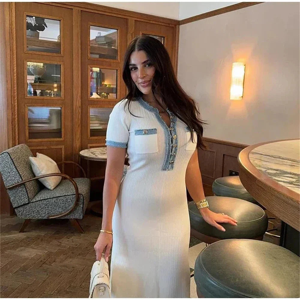 Elegant Contrasting Women Knit Maxi Dress