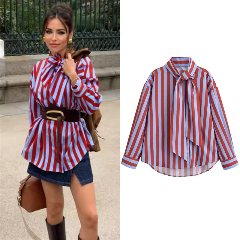 Women New Female Chic Blouse Women's Loose Fit Striped Shirt