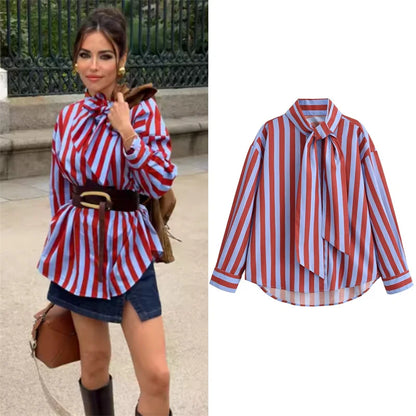 Women New Female Chic Blouse Women's Loose Fit Striped Shirt