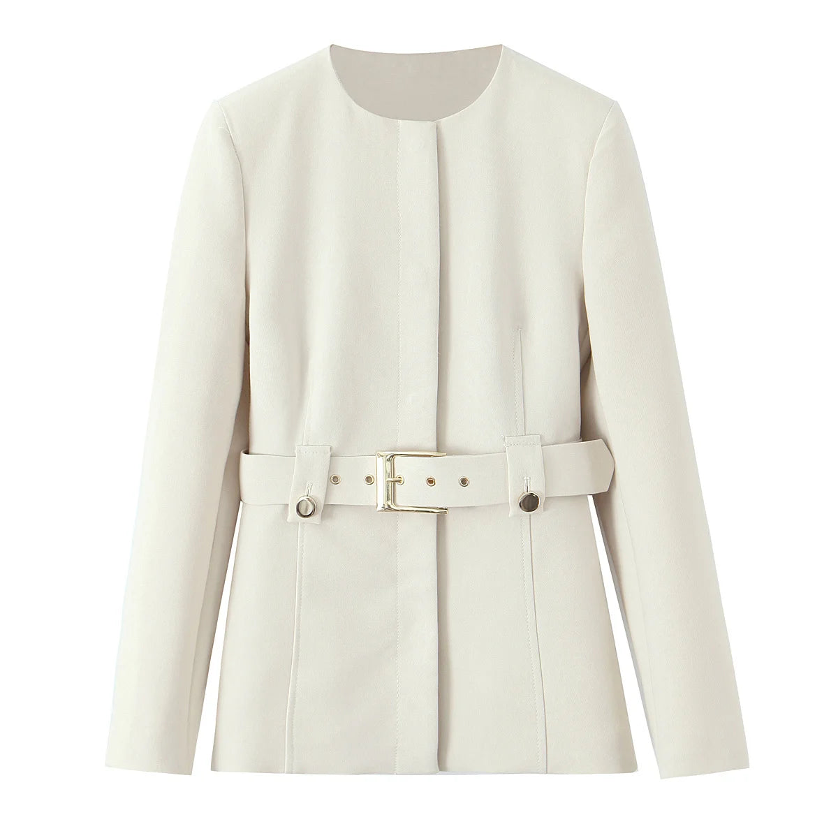 EDSA Women Beige Pants Set O-Neck Blazer Jacket