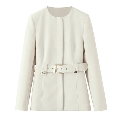 EDSA Women Beige Pants Set O-Neck Blazer Jacket