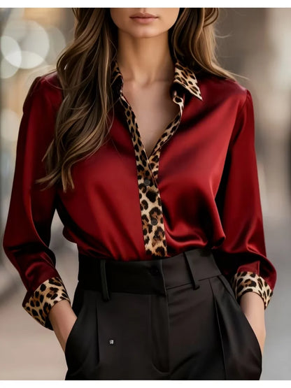 Elegant Long Sleeve Button Down Shirt with Leopard Print Collar, Cuffs & Placket, Loose Fit Blouse Tops